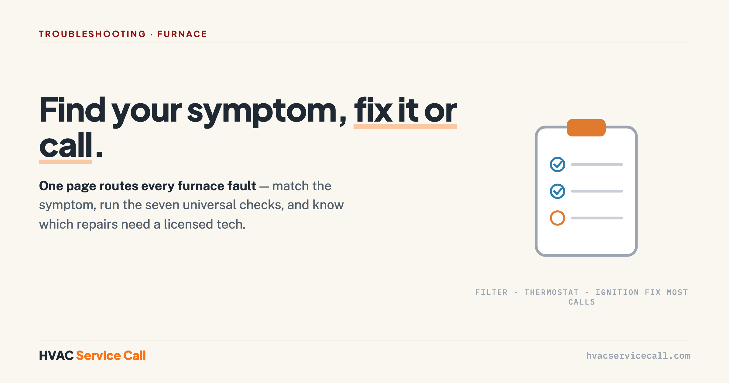 Furnace acting up? Every symptom mapped to its likeliest cause — each a free check or a licensed repair, with seven universal checks that catch most calls.